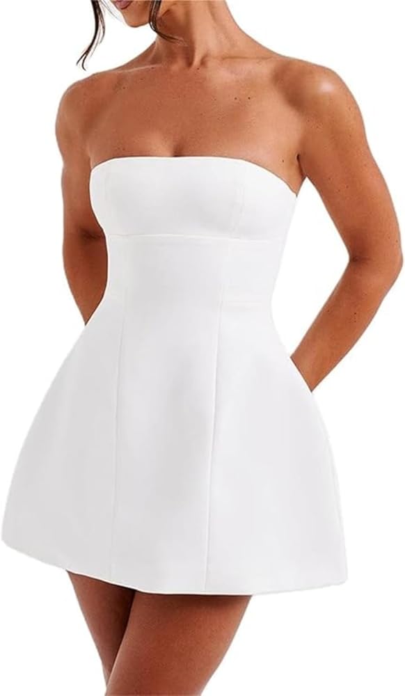white strapless a line pocket mini dress Elegant Affairs Strapless Mini Dress White