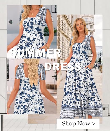 Image of CURBODO Women's Summer Maxi Dress Boho Spaghetti Straps Casual Long A-line Smocked Beach Dress Square Neck Flowy Sun Dress