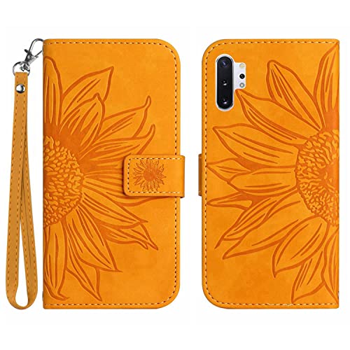 ONV Wallet Case for Samsung Galaxy Note 10 Plus - Sunflower Flip Leather Case with Embossment Card Slot Shockproof Kickstand Magnetic Wrist Cover for Samsung Galaxy Note 10 Plus [HT] -Yellow-