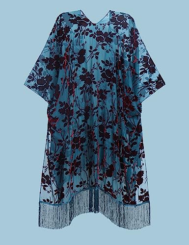 WeHello Women's Burnout Velvet Kimono Long Cardigan Cover Up with Tassel Teal/Red2