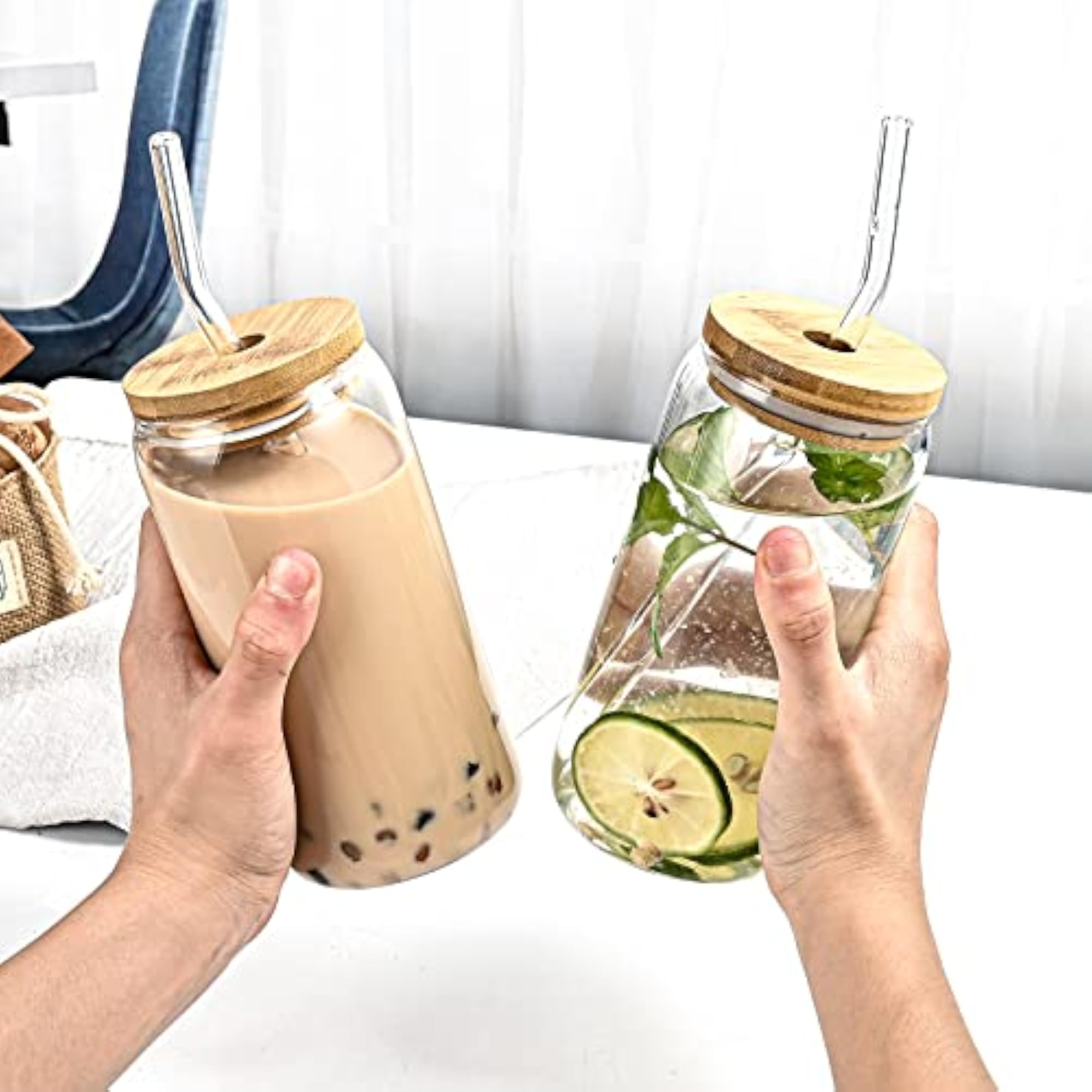 16oz Glass Drinking Glasses Set of 4 with Bamboo Lids