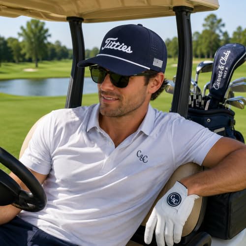 Image of Curves & Clubs Titties Golf Hat - Funny Golf Hat, Titties Hat - Funny American Hat - Men's Gifts (Cotton, White-Black)