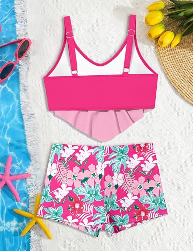 Image of NECIOUS Girls Swimsuit 2 Piece Kids Girl Bathing Suit Szie 7-8 Ruffle Girls' Swimwear Floral Print Shorts Cute Bikini Set Pink