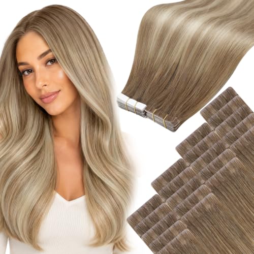 Moresoo Injected Tape in Hair Extensions Human Hair Light Brown 16 Inch 40g