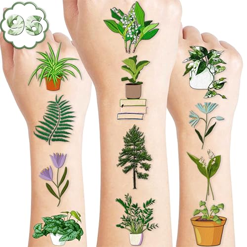 96 PCS Plants Save The Earth Day Pre-Cut Temporary Tattoos Themed Birthday Party Decorations Favors Supplies Décor Environment Tree Flowers Tattoo Stickers Gifts For Game Boys Girls Classroom School