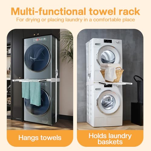 Overlappingsset voor wasmachine en droger met ratelriemen, universeel tussenframe met uittrekbare handdoekhouder, in grootte verstelbaar (46 - 72 cm) - Afbeelding 4