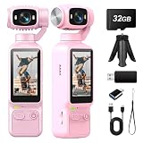 MUOXUEQN Portable Handheld Action Camera, 2.5K UHD Pocket Camcorder with 1.3' LCD Screen, 180° Rotatable Lens, Fill Light, Loop Recording, for Vlogging Travel Outdoor Sports (Pink,32GB)