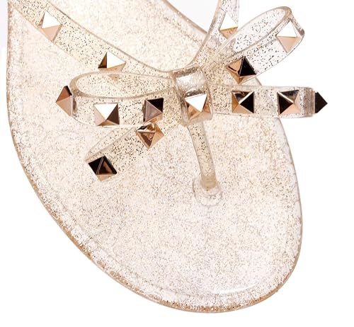 Image of Studded Jelly Shoes for Womens Bow Flip Flops Jellies Sandals Flat Black Summer Beach Thong with Rivets Strappy Slides Slip On