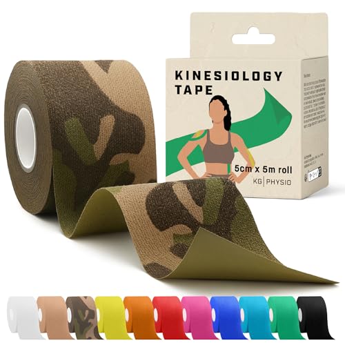 Kinesiology Tape 5m Roll [2024 Edition] - Sports and Medical Tape for Joint and Muscle Support, Multipurpose KT Tape, Body Tape, Boob Tape, Physio Tape, Sports Tape, Trans Tape, Athletic Tape - Camo