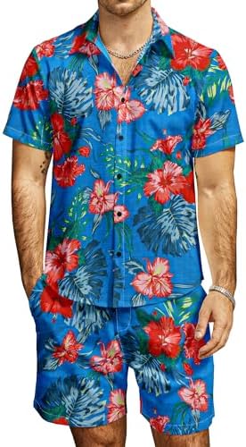 JOGAL Mens Flower Casual Button Down Short Sleeve Hawaiian Shirt Suits