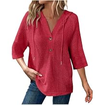 Womens Waffle Knit 3/4 Sleeve Tops Lightweight Drawstring Hoodies Button V Neck T Shirts Loose Casual Dressy Blouses