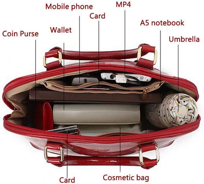 Patent Leather Dome Satchel Purse Zip-around Handbag Multi-Pocket Shoulder Bag Shiny Large Top-handle Shell Bag - Image 5