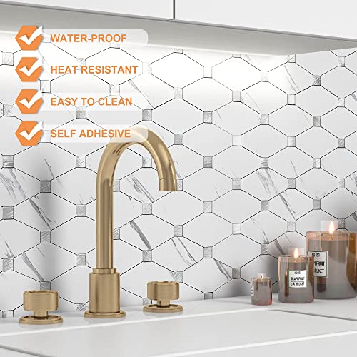 Vaovi Stick On Backsplash For Kitchen,Backsplash Tiles Peel And Stick Bathroom Wall Tiles Adhesive Marble Mosaic Stickers(10Pcs,White Silver) #TOP4