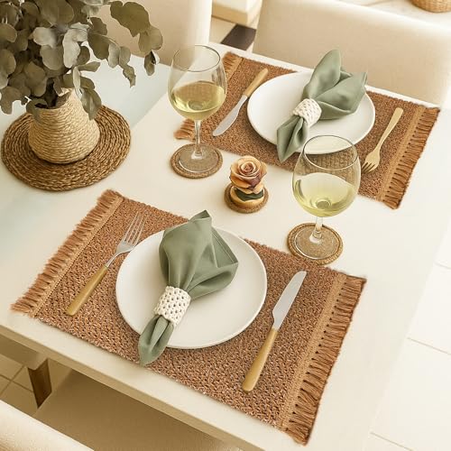 Matiquora 12 x 18 Inch Rectangular Woven Placemats Set of 5 Boho Table Mats with Fringe Tassel Heat Resistant Non-Slip Paper Mat for Kitchen Dining Decor (Brown) by matiquora - Used condition - Image 7
