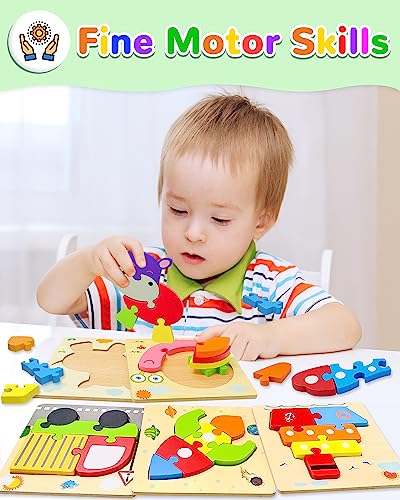 Image of Wooden Toddler Puzzles Gifts Montessori Toys for 1 2 3 Years Old Boys Girls | 8 Vehicle Shape Puzzles, Boy Birthday Gift, Montessori Toys Educational Blocks for Toddlers 1-3, 2-4, Baby Learning Toys