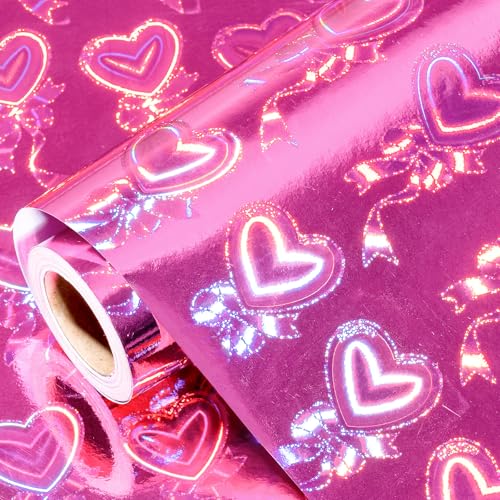 WRAPAHOLIC Bow Wrapping Paper Roll - Mini Roll - 17 Inch x 16.5 Feet - Metallic Holographic Bow Heart Wrapping Paper for Birthday, Wedding, Baby Shower, Bridal Shower, Christmas
