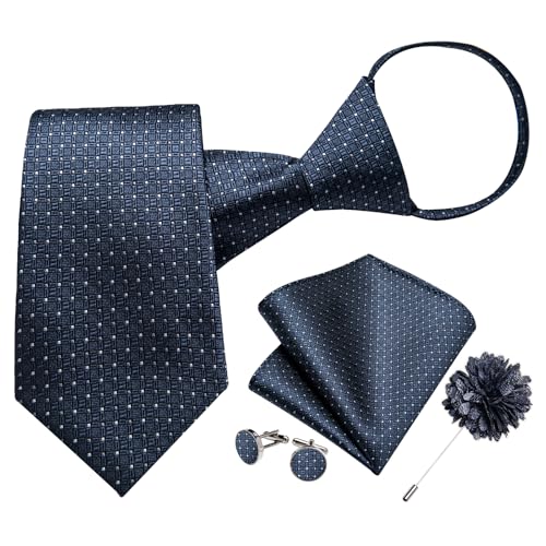 Image of DiBanGu Mens Zipper Tie Silk Pre-Tied Necktie with Gift Box | Jacquard Woven,Paisley Solid Plaid Pattern,6PCS with Pocket Square,Cufflinks and Lapel Pin,for Wedding Party Formal Business