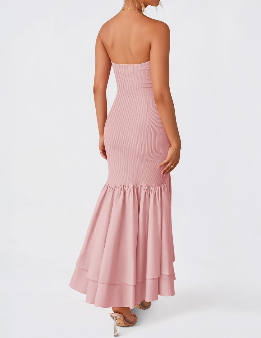 ZESICA Women's 2025 Summer Strapless Bodycon Maxi Dress Ribbed Sexy High Split Mermaid Prom Party Dresses - Image 3