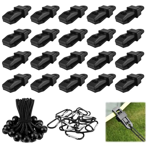 Juego de 61 clips de lona resistentes, 20 clips de lona + 20 cuerdas elásticas de bola + 20 clips de mosquetón + 1 bolsa de almacenamiento, clips de agarre para fijar lonas, toldos, camping al aire