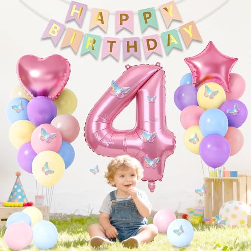 Canitor 4th Birthday Decorations for Girl 4 Year Old Princess,16pcs 12 Inch Pastel Balloons,Happy Birthday Banner,Number 3 Balloon,3d Butterflies Stickers,18 Inch Star Heart Balloons - Image 6