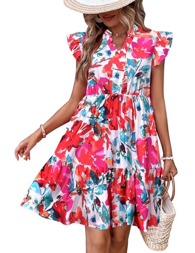 Image of HOTOUCH Women Printed Dress for Summer Short Ruffle Sleeve Dress Tiered Mini Dress with Pockets