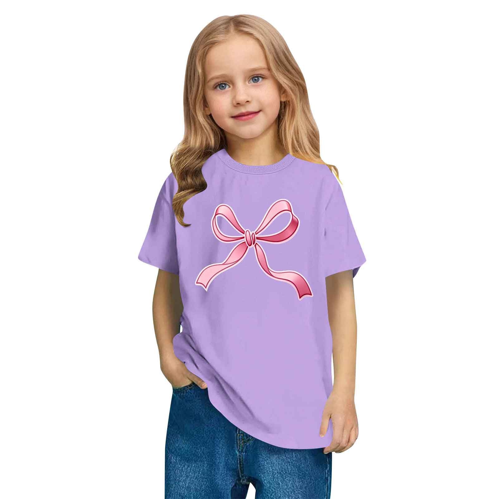 KODMNSW T-Shirt für Mädchen Sommer Kurzarm Tshirt Kinder Süße Oberteile mit Schleife-Print Basic Shirt Rundhals Casual Kindershirt Locker Kurzarmshirt Sportshirt Sommershirt Lila 130