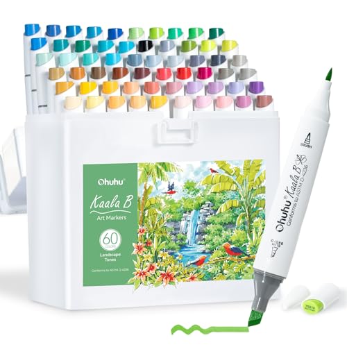 Image of Ohuhu Alcohol Markers: Mini Brush & Slim Broad 60 Landscape Colors Dual Tip Brush Tip Alcohol-based Art Marker for Artists Adults Coloring Illustration- Refillable - Kaala B Series of Ohuhu Markers