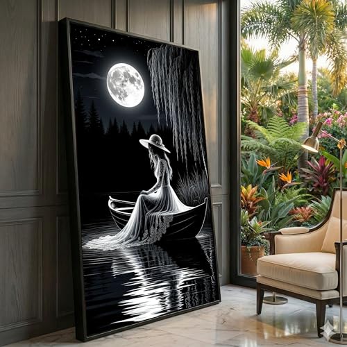 Peinture de nature lune et femme en barque pour créer un salon zen et moderne