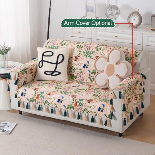 Image of HOKIPO Printed Holland Velvet Sofa Cover with Tassels for 2 Seater Sofa | Full Protection for Sofa Seat and Back | 'Whispers of Nature' (160x120 cm), Beige Woodland Bloom (IN-1126-D4)