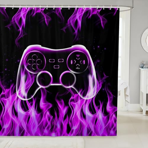 Gamepad Shower Curtain Set with 12 Hooks,3D Purple Flame Bathroom Curtain,Kids Girls Teens Video Games Waterproof Fabrics Modern Cool Bathroom Decor,72" W x 72" L