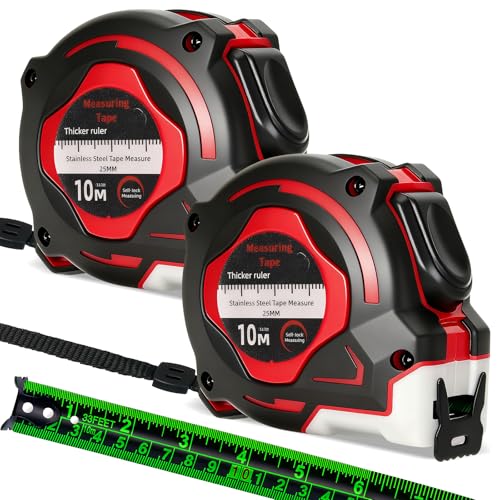 2 Pack Tape Measure 10 Metre Fluorescent Durable Self-Locking Retractable Measuring Tape with Easy-Read Double-Sided Scale 25mm Wide Stainless Steel Blade for DIY Home and Professional Use