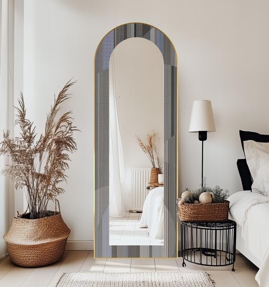 23,5’’W x 67’’H Minimalist Patterned Grey - Abstract Floor Mirror Arched Full Lenght Mirror - Arch Full Body Stained Floor Mirror with Black Frame with Gold Frame