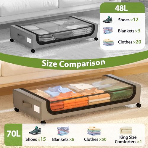 Image of GoMaihe Under Bed Storage with Wheels: 70L Underbed Storage Containers with Lids - Rolling Bins for Shoes Clothes in Dorm Bedroom - Metal Drawers Easy Pull-out Grey 2-Pack