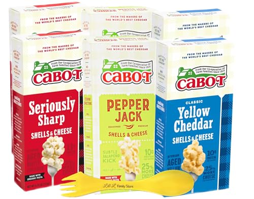 Cabot Shells and Premium Aged Cheddar Macaroni & Cheese | Variety Pack | Seriously Sharp, Pepper Jack & Classic Yellow Cheddar - 6PK | Award-Winning Cabot Aged Cheddar and Organic Pasta | Bundled with Bonus 3-in-1 L&L Spork