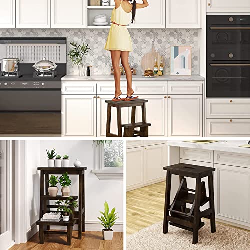 Glacer 3-Tier Folding Step Stool, Portable Wood Step Ladder For Adults & Kids, 3-In-1 Storage Shelf Flower Rack Foot Stool, Ideal For Home, Kitchen, Library (Brown) #TOP1