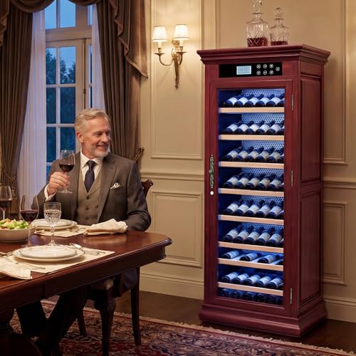 Image of KEIKI Freestanding Wine Refrigerator with Wood Cabinet, 102 Bottle Single Zone Wine Cooler, Humidity Control Tempered Glass Door, LED Light Lockable Shelves, for Home Bar Kitchen, Cherry