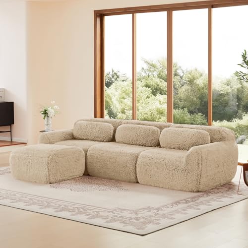 gonew21 Sofá esquinero en forma de L – Sofá modular sin montar, tela de felpa – Beige – Sofá profundo grande con otomana – para salón