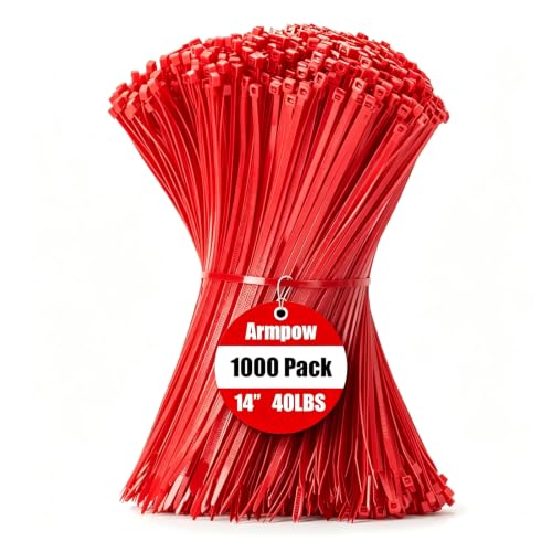 Image of Armpow 14 Inch Zip Ties Red 1000 PCS, 40 Lbs- Heavy Duty Tensile Strength, Nylon PA66 UV Resistant Cable Ties for Indoor and Outdoor Use - Ideal for object bundling and fastening