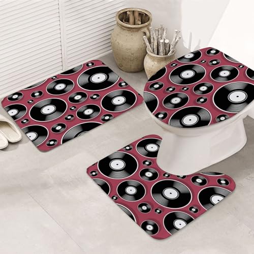 Set Tappetino coprivaso WC 3Pcs,Tappetino da bagno,o Retro Object Pop Music Vintage Dj Plate Vinyl Record Album Digital Disc Disco Graphic Media,Bagno Set Antisdrucciolevole del Bathroom Floor rug