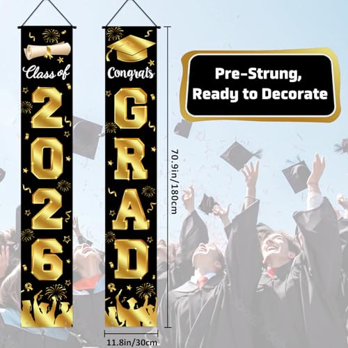 Image of Graduation Decorations 2026 Porch Banner, Graduation Banner Class of 2026, Black and Gold Congrats Grad Decorations for Door and Porch Party Supplies