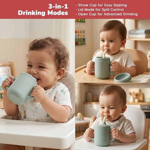 Image of BAYBEE Baby BPA-Free Silicone Sipper Cup for Kids Drinking Training Anti Spill Sippy Cup /Glass with Soft Silicone Straw & Lid for Baby, Non-Slip Twin Handles Spout Cup for Infants 6+ Months (Green)