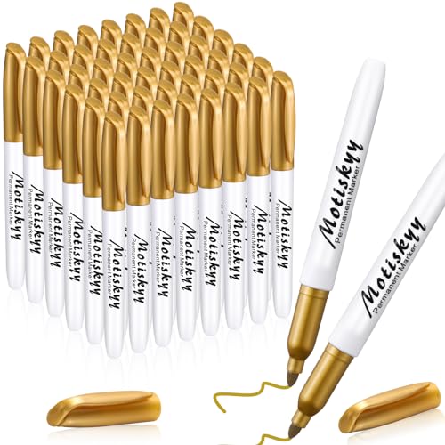 Image of Motiskyy 48 Pcs Metallic Permanent Markers Bulk Metallic Marker Pens Medium Tip Quick Dry Paint Pen for DIY Crafts Artist Illustration Gift Card Making(Gold)
