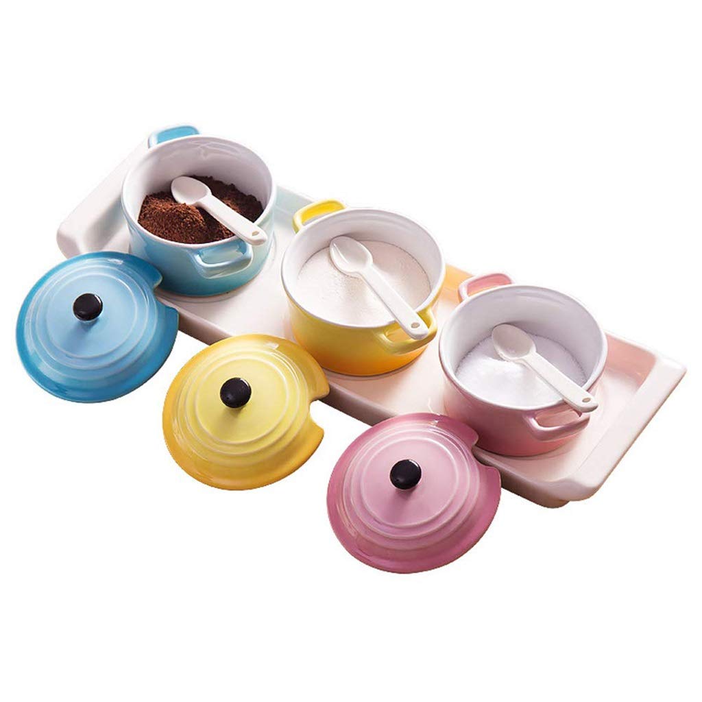 HRWLY Ceramic household spice bottle-Ceramic Motif Spice Jars, Condiment Pots w/Serving Spoons, Tray