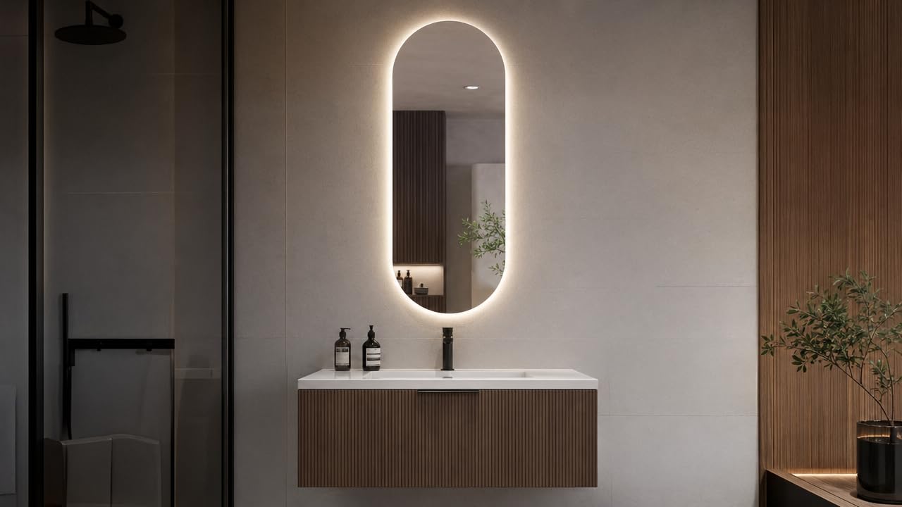 BD ART - Specchio da parete - da bagno - Ovale 100x40 cm - con illuminazione a LED - Luce bianca calda 3600K, IP44 - Specchio grande - a figura intera - da parete per bagno - Cornice in alluminio
