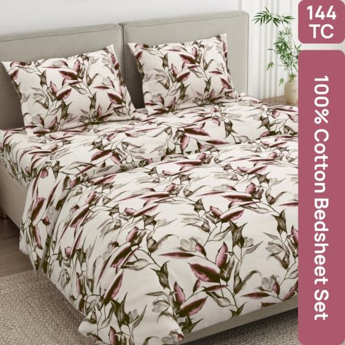 Image of Haus & Kinder Double Bed Bedsheet for Queen Size Bed with 2 Pillow Covers 90 Inch x 100 Inch | Premium Soft & Silky Pure Cotton 144 TC Flat Double Bedsheet | Florence Leaf Peach