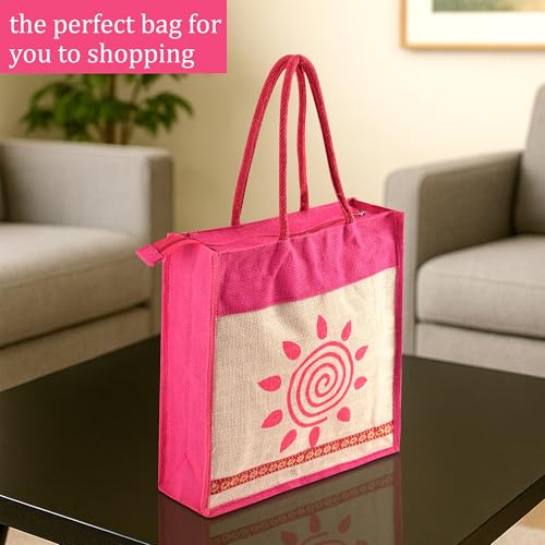 Image of Kuber Industries 3 Pcs Jute Medium Shopping Bag for Women with Handle | Reusable Carry /Shopping Bag for Grocery | Sunflower Print - Cream & Pink