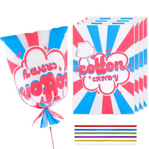 Image of 100 Pcs Cotton Candy Bags 14 x 20 Inch with Ties,for Cotton Candy Large Carnival Candy Cones Treat Bags Bulk Cotton Candy Supplies Carnivals Party Favors