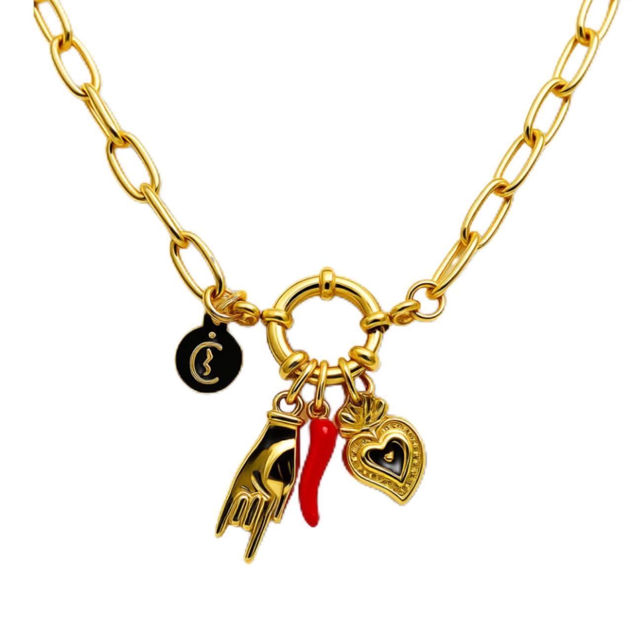 Collier Vabbe Femme Chaîne Maillon, Corne, Mano Cornuto, Cœur Sacré en acier
