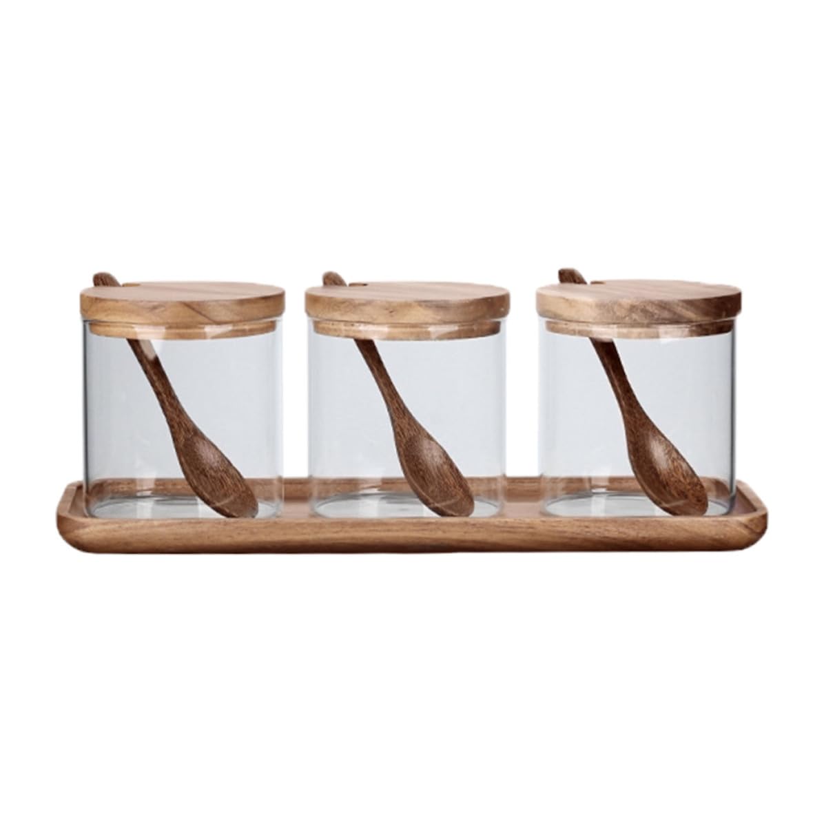 HOMSFOU Gewürzbehälter Vorratsbehälter aus Glas 3 Stück mit Holzdeckel und Löffelablage für Gewürzaufbewahrung und Küchenorganisation für Heimgebrauch