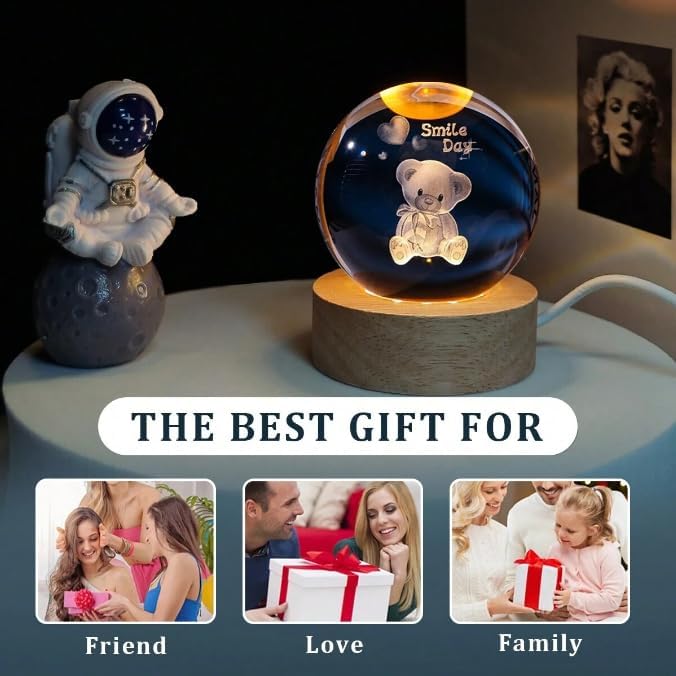 Image of STARKENDY 3D Smile Day Crystal Ball LED Night Lamp, Creative Engraved Night Light Wooden Base, Warm White Decorative Table Lamp for Home, Office, Bedroom, Birthday Gift